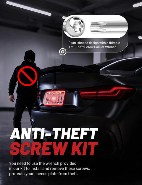 Anti-theft screw kit for No Drill Front License Plate Bracket Universal Mount with image of wrench in use on car.