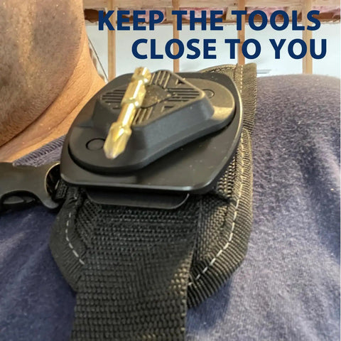 Double Pack Magnetic Tool Holder with dual strong magnets securing tool on a shoulder strap, ideal for quick access.