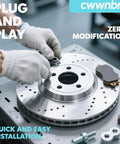 Mechanic installing brake rotor and pads on vehicle, demonstrating plug and play, zero modification, quick and easy installation.