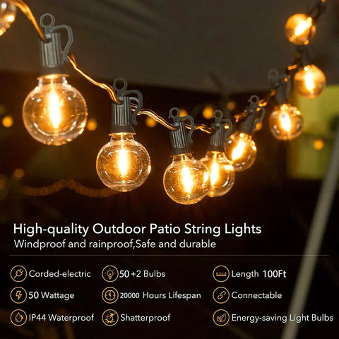Connectable Outdoor String Lights With G40 Globe Plastic LEDs, All Weather Waterproof Patio Lighting, 100 Ft Long With 50 LED Bulbs