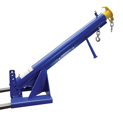 Heavy Duty Telescoping Forklift Boom Attachment With 6000 Lbs Load Capacity And 24 Inch Forks Built Tough From Welded Structural Steel For Zero Hassle Thirty Seven Degree Tilting, angled view.