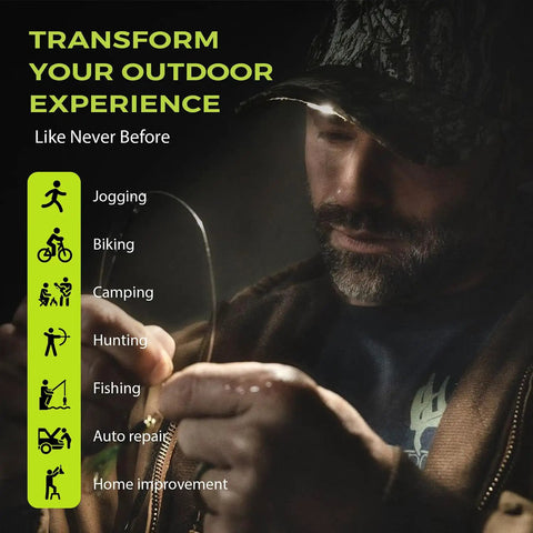 Man wearing Ultra Bright USB Rechargeable LED Hat Light Built In Cap Visor With 80 Lumens Headlamp And 15 Meter Beam For Night Running