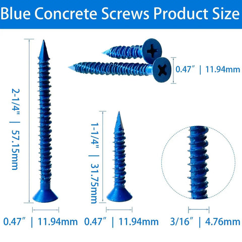 Blue Concrete Screws Kit With Drill Bit And Driver, showing sizes 3/16 x 1-1/4 and 3/16 x 2-1/4 inches, flat head design.