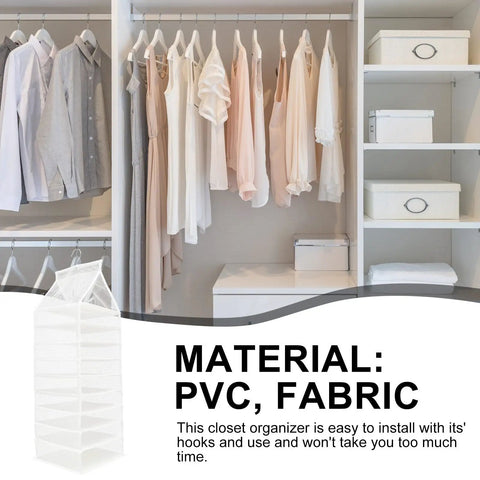 Hella Roomy White PVC Closet Hanging Storage Bag Featuring Nine Spacious Compartments To Keep Your Daily Threads And Weekend Fits Bangin And Fully Organized in closet with hanging clothes.