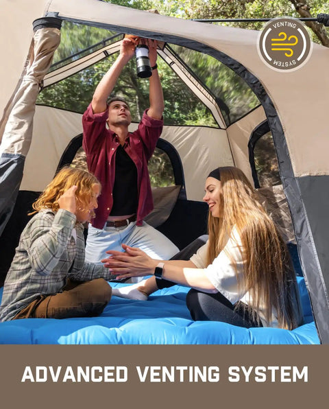 Family inside Zeta C6 Pro Six Person Instant Cabin Tent With 60 Second Setup, enjoying advanced venting system, khaki color.