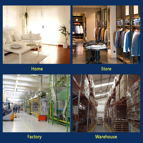 Image showcasing various environments: home, store, factory, and warehouse settings for versatility.