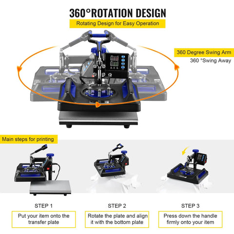 All In One 12 By 15 Inch Heat Press For DIY T Shirts Mugs Caps 360 Degree Swing Away With Dual Tube Heating Digital Control