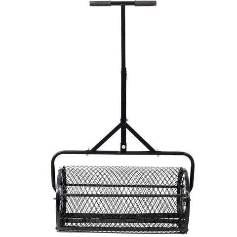 24 Inch Peat Moss Spreader with Steel Mesh Roller, T Shape Handle, front view