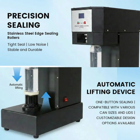 Heavy Duty Commercial Can Sealer With Three Adapters For Aluminum And Pet Cans Boasting A Tough Two Hundred Fifty Watt Motor, features automatic lifting.