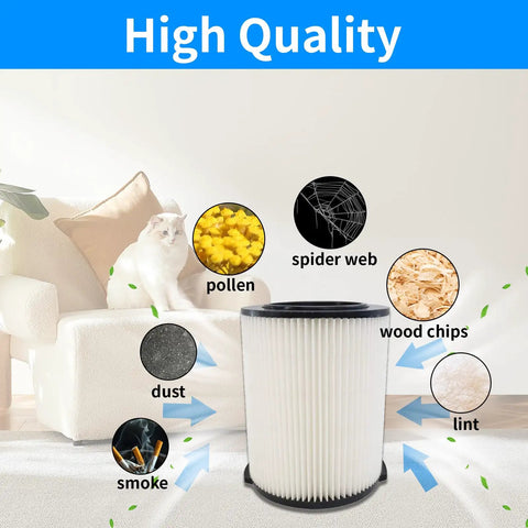 VF4000 Filter Replacement For Wet Dry Vacuums 5-20 Gallon showing filtration capabilities against dust, pollen, and debris, 2 pack.