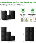 Six Cube Storage Organizer Set For Wardrobe And Home, Stackable Plastic Cubes Shelves, showing DIY shapes and dimensions.