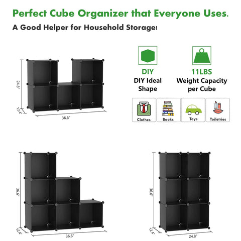 Six Cube Storage Organizer Set For Wardrobe And Home, Stackable Plastic Cubes Shelves, showing DIY shapes and dimensions.