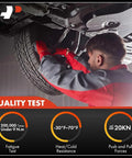 Mechanic testing sway bar links for durability under Mini Cooper with heavy-duty construction label and quality test icons