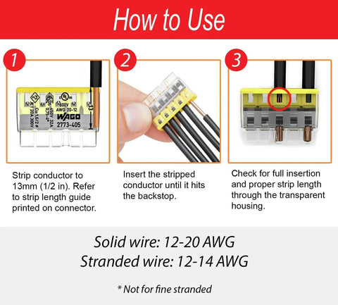 Instructions for using 125 Piece Push In Wire Connector Assortment Kit With Case For Solid And Stranded Conductors Great For Fast Splices And Easy Wire Joining Tool Free For DIY And Pro Wiring Projects showing wire insertion steps.