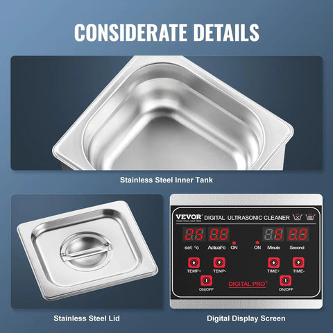 40 KHz Digital Sonic Cleaner One Point Three Liter 60 Watt Ultrasonic Cleaning Machine with stainless steel tank and display