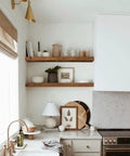 Floating Wall Shelves Set of 2, Extra Long 35.4 Inch Wide by 9.3 Inch Deep, 1.5 Inch Thick MDF Rustic Brown with Steel Brackets in kitchen