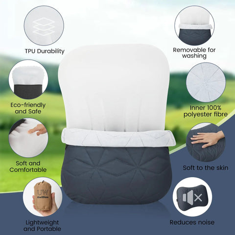 Inflatable Camping Pillow With Removable Washable Cover For Backpacking Ultralight Air Pillow showing features and benefits