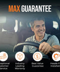 Man driving car with max guarantee text overlay and icons for customer service, warranty, value, and installation.