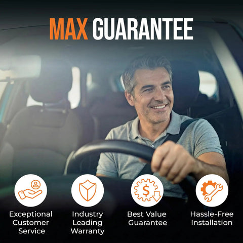 Man driving car with max guarantee text overlay and icons for customer service, warranty, value, and installation.