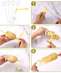 Manual Tornado Potato Spiral Cutter kitchen tool with yellow handle and white grip; includes four spiral wire blades.
