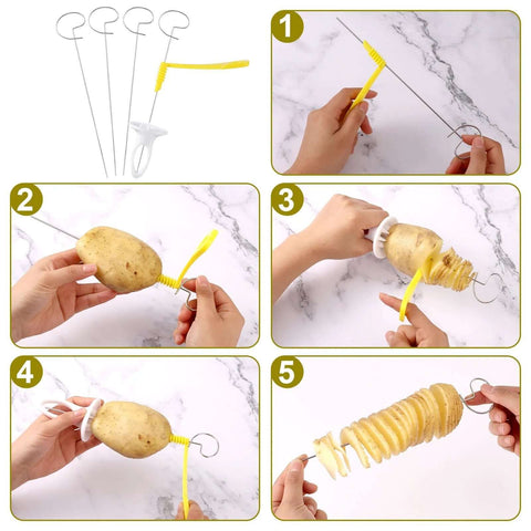 Manual Tornado Potato Spiral Cutter kitchen tool with yellow handle and white grip; includes four spiral wire blades.