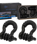 Badass D Ring Shackle Two Pack Packing 62700 Lbs Break Strength With Seven Eighth Inch Screw Pin Plus Shackle Isolator Washers Kit in black with packaging.