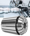 Precision Zerodis Chuck With High Clamping Force For CNC Milling Machine Engraving Drilling Tapping Spring Collet Set 0.015mm Accuracy Tool, close-up of a metal collet and machined part in the background.