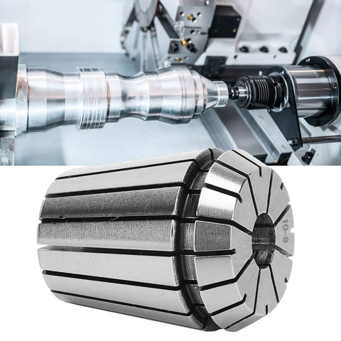 Precision Zerodis Chuck With High Clamping Force For CNC Milling Machine Engraving Drilling Tapping Spring Collet Set 0.015mm Accuracy Tool, close-up of a metal collet and machined part in the background.