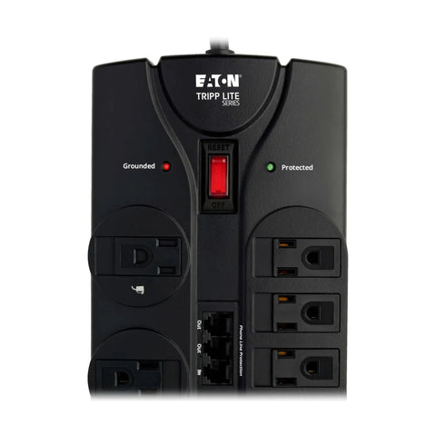 Home Theater Surge Protector Power Strip with 12 Outlets 2160 Joules showing grounded and protected indicators