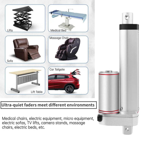 Beefy 24V Linear Actuator With 100mm Stroke And 750N Push Pull, shown with various application examples like chairs and lifts
