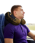 Eid Golden Mosque Travel Pillow With Memory Foam Neck Support used by man on a bus, featuring zippered cover and U shape design.