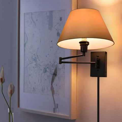 15 Inch Dope Modern Swing Arm Wall Sconce With Opaque Empire Shade, 2-In-1 Plug In Or Hardwired, Black Finish, Bedroom Lighting