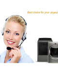 Customer support next to modern dryers, promoting Two Pack 3392519 Dryer Thermal Fuse Replacement Part For Most Dryers