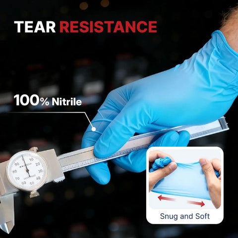 Heavy Duty 6 Mil Blue Nitrile Work Gloves With Rock Solid Textured Grip For Mechanics And Auto Shops, Powder Latex Free Tear Resistant Daily Grind Hand Armor, 100 Pack Xx Large, shown being worn while measuring.