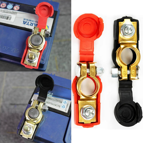 Top Post Brass Quick Release Battery Terminal Clamps Set For Auto Truck Caravan RV And Boat Applications Red Positive Black Negative Cable Connectors Easy Install Battery Lugs For Reliable Power And A Solid Connection For Your Ride displayed on battery with covers open