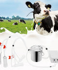 3L Electric Pulsation Milking Machine For Cows And Goats, portable vacuum milker with milk bucket, tubes, and field backdrop