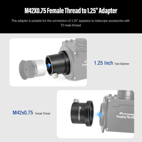 M42x0.75 Female To 1.25 Inch Adapter With T-2 Threads for telescope eyepiece connection illustration