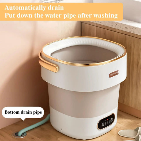No Sweat Portable Washing Machine With Spin Basket 20 Liter Mini Washer showing automatic drain design and water pipe.