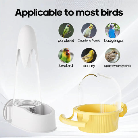 No Mess Bird Feeder And Water Dispenser Set For Bird Cage Gravity Automatic Seed Hopper, showing white and yellow feeder designs, ideal for small birds.