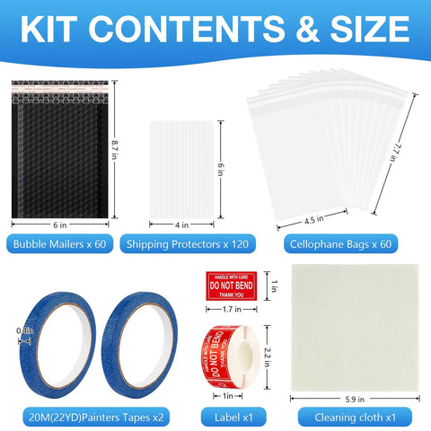 All In One Trading Card Shipping Kit with 60 bubble mailers, 120 card protectors, 60 bags, tape, cloth, stickers, 244 pieces
