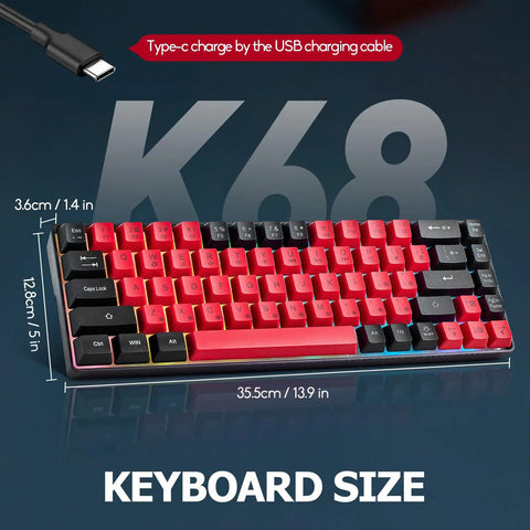 Solid Compact 68 Key Wired Keyboard With Butter Smooth Tactile Keys Dope Rainbow Rgb Backlights showcasing size and design.