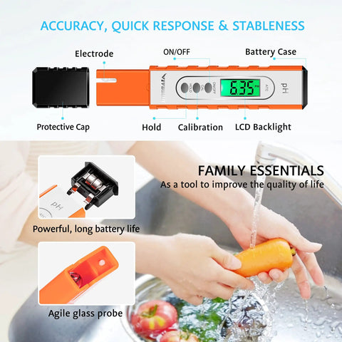 Hand holding Digital pH Meter Tester Pen With 0.01 Precision, 0 To 14 pH Range, ATC, Great For Hydroponics, in use over sink