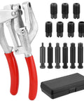 Heavy Duty Metal Hole Punch Kit With Chrome Vanadium Steel Punches, sizes 3/32 to 9/32 inch, red handles, and storage case