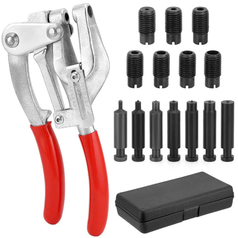 Heavy Duty Metal Hole Punch Kit With Chrome Vanadium Steel Punches, sizes 3/32 to 9/32 inch, red handles, and storage case