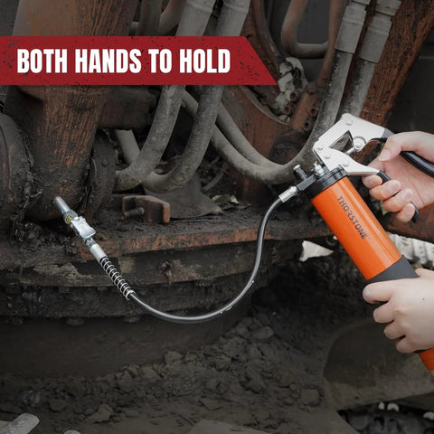 Side view of Thorstone pistol-grip grease gun, orange body, 18-inch spring hose connected to machinery grease fitting