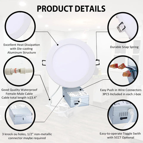 Product details of Five Color Temperature LED Recessed Canless 6 Inch Ceiling Light With Junction Box, 12W Ultra Thin Dimmable Downlight