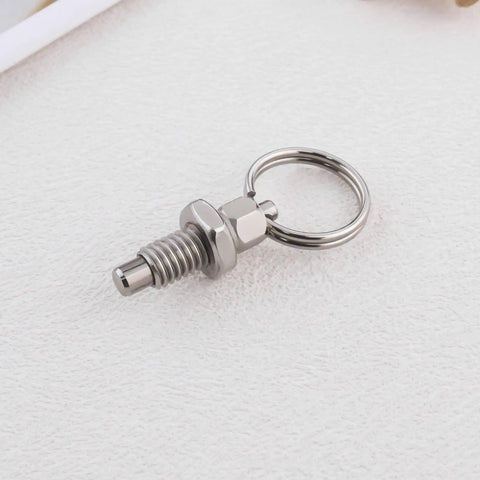 Four Pack M6 Stainless Steel Spring Plunger With Pull Ring Quick Release Pin Set Non Locking Hand Retractable Stubby Pins close-up view.