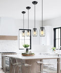 Farmhouse Mason Jar Pendant Light Set For Kitchen Island, adjustable glass jar hanging lamps in modern white kitchen