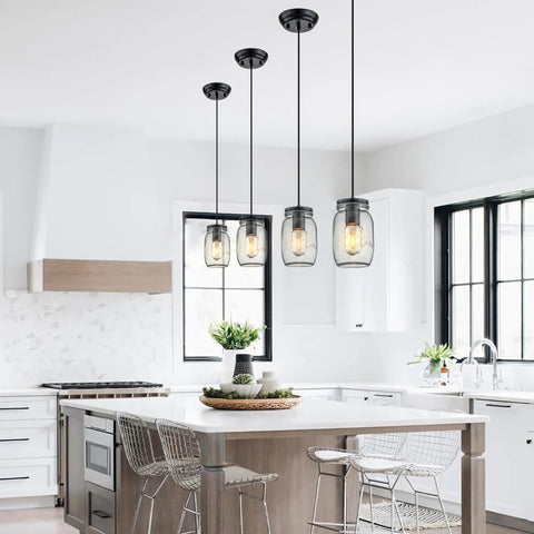 Farmhouse Mason Jar Pendant Light Set For Kitchen Island, adjustable glass jar hanging lamps in modern white kitchen
