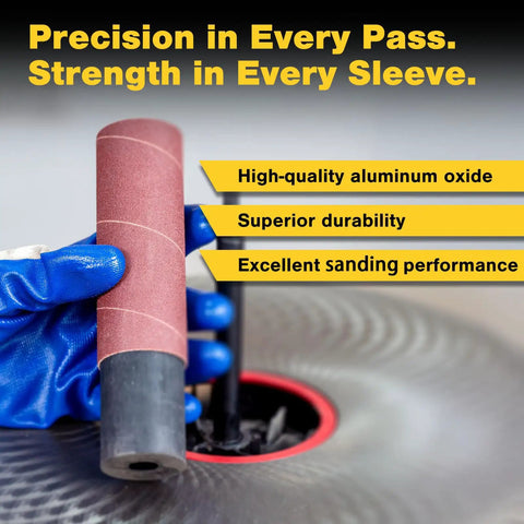 Heavy Duty Aluminum Oxide Spindle Sander Sleeves Six Pack Assorted Diameters 1/2 To 3 Inches Four And A Half Long Grit Eighty in use with hand